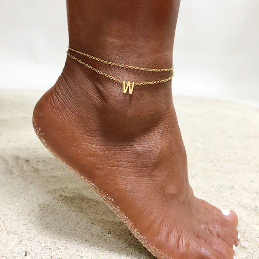 Bohemian Breeze: Stainless Steel Layered Initial Anklet